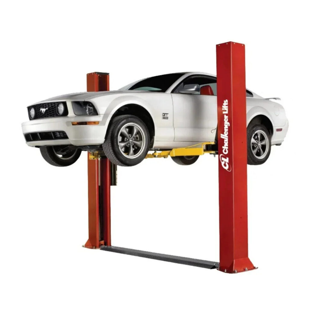 A Challenger lift hoisting a late model Mustang